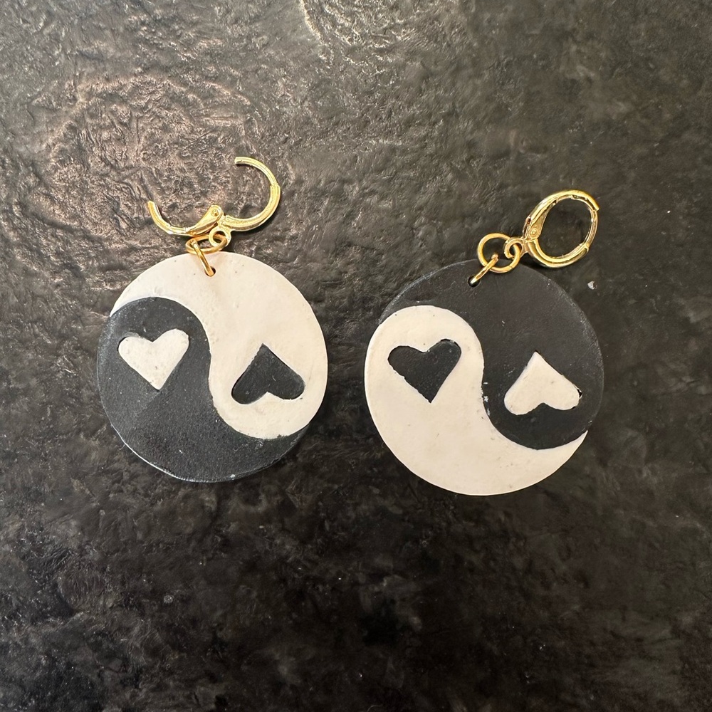 Black and White Yin Yang Heart Earrings